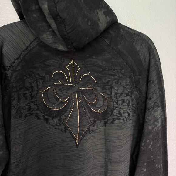 Affliction Hoodie Mens Large Reversible Shredded Dusk Skull Fleur De Lis Y2K NEW - Picture 9 of 14